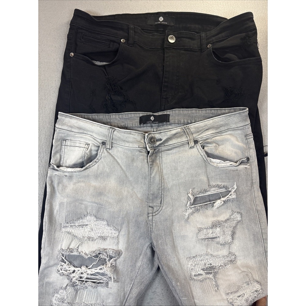 Focus Jean Men Blue/Black Distressed Moto Ripped‎ Denim Slim Fit 38x32 Lot of 2